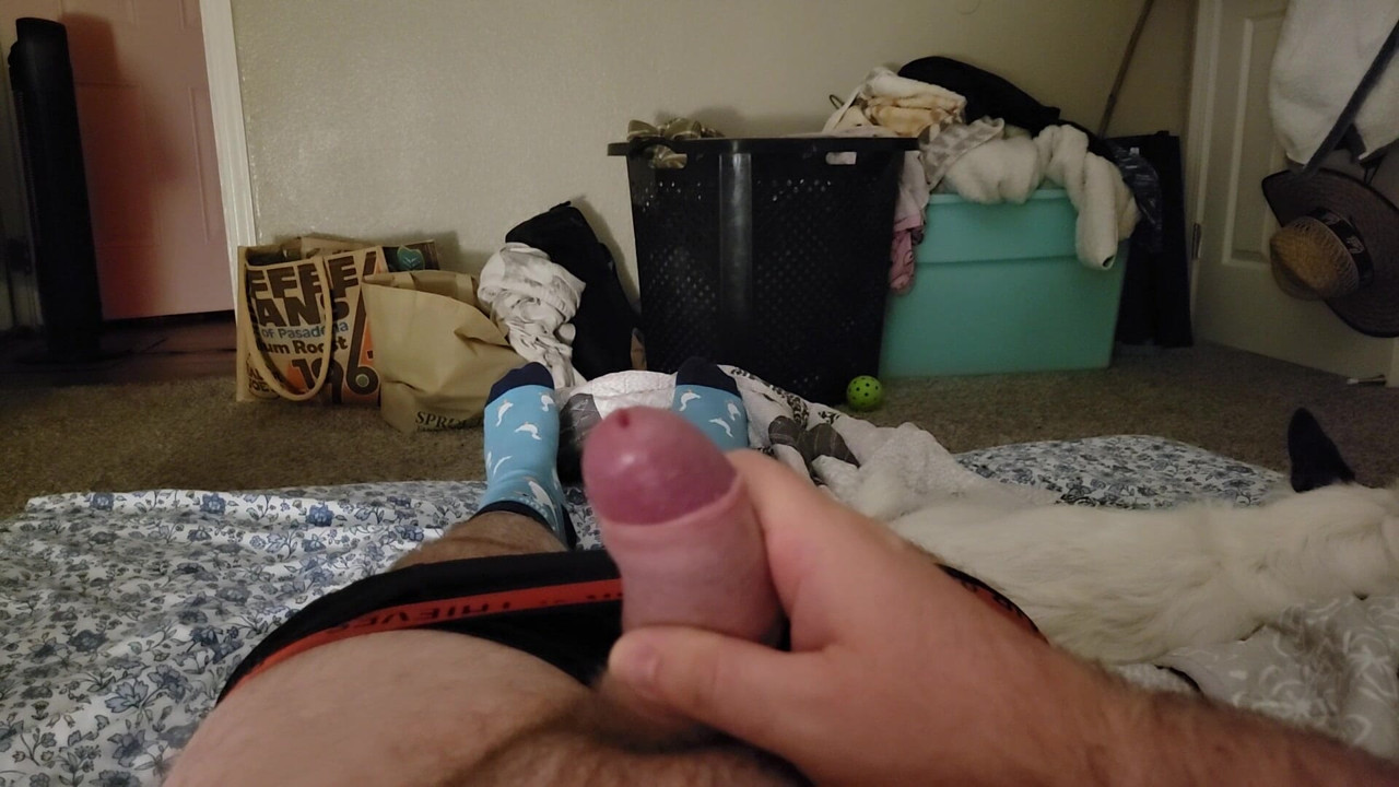 Daddy's boy jerks his thick chubby cock and cums