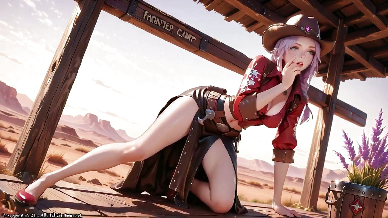 The Deadly Glance in the Desert Sunset. Shouldering a Rifle yet Hiding Her Heaving Chest.