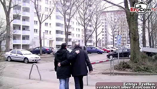 Chubby German housewife approached by grandpa on the street