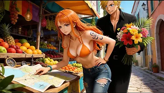 Nami dientot habis-habisan sama luffy dan zoro - seks threesome di pantai hentai one piece tanpa sensor