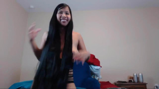 Cute Long Haired Asian Striptease and Hairplay