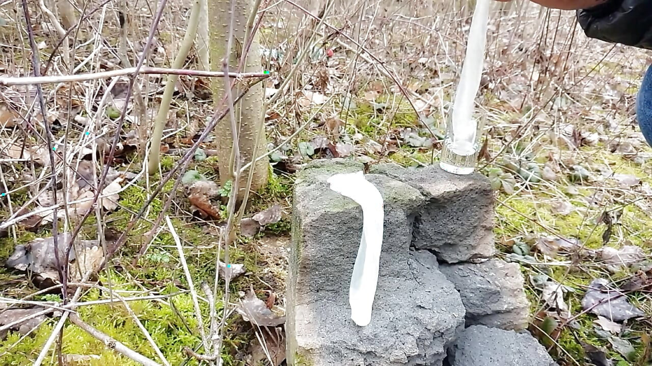 Making Cum From Two Filled Condoms After I Was Fucked Outdoors and My Jerk off After Cum Eating
