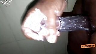 Hairy black guy jerk off using soap on his black dick as lubricant.