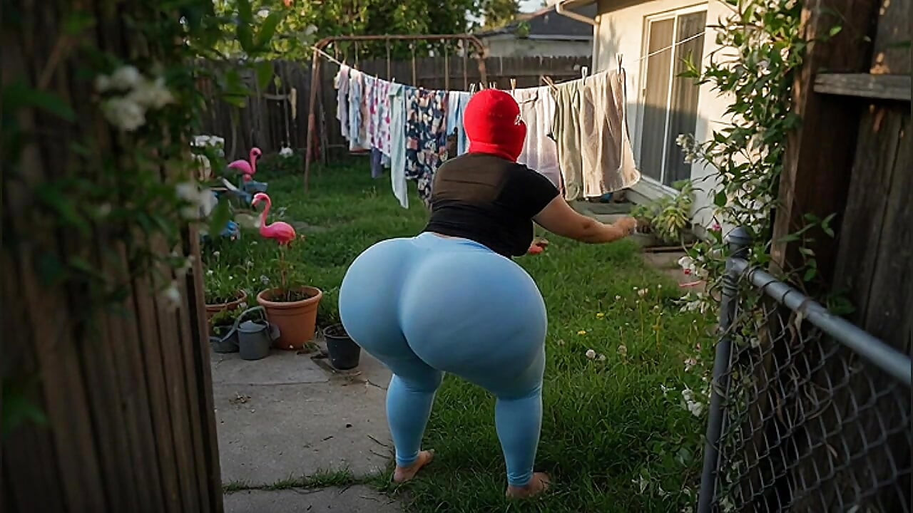 Tetangga pantat bahenol dengan legging ketat warna biru dan celana dalam thong biru di teras rumah