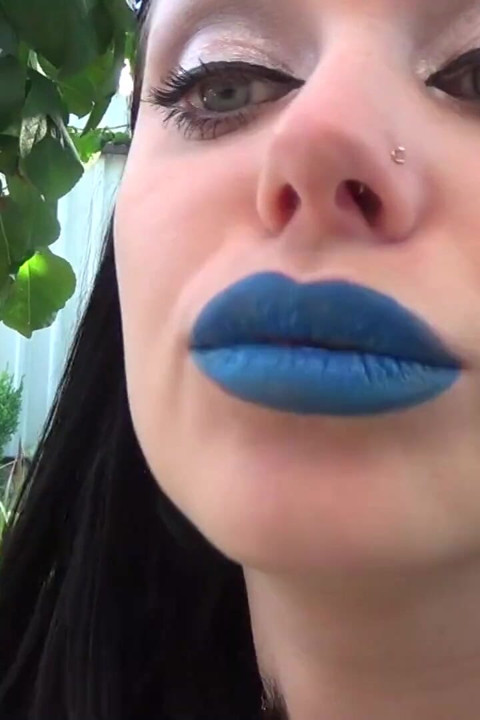 Covering Alex with blue shiny lipstick kisses all over his face outdoor! + Little tongue play!