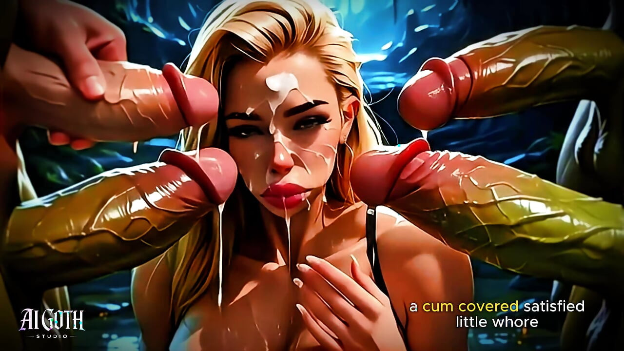 Wanhopige blonde bimbo neemt enorme orc-pik in het bos - 4k AI Fantasy