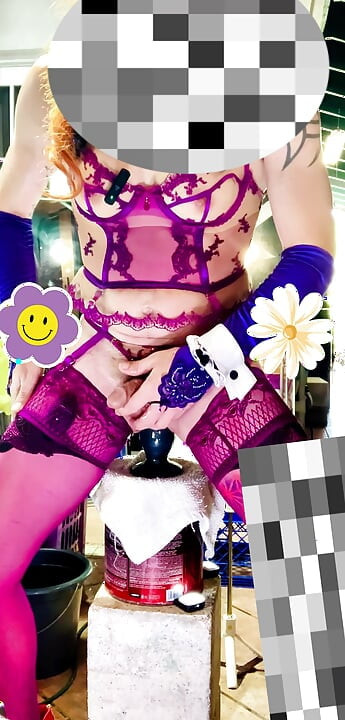 TS Latina Sexy Lingerie Walking Outside with Inside Anal Dildo