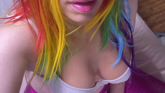 Sissy rainbow slut plays with her tits