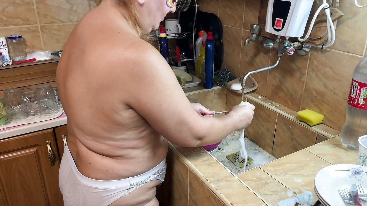 Zara Charm Topless Kitchen Fun Washing Dishes to the Music
