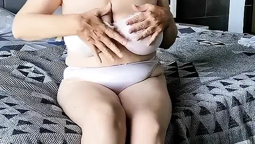 Hot GILF Teases You with Her Huge Tits and Takes off Her Silky White Lingerie to Reveal Her Mature Pussy