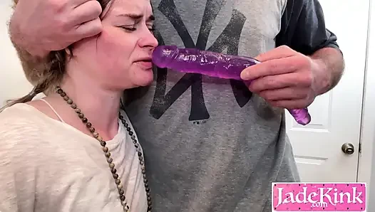 Submissive Cumslut Sloppy Deepthroat Gagging With Huge Dildo