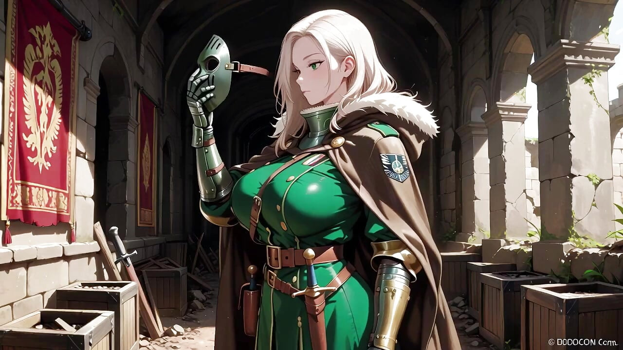 Blonde knights nachmittag! Grüne Uniform, goldene mechanische Arme, faul betrachten in alten Steinruinen.