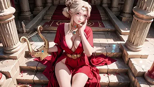 Blonde Goddess in Red! Forbidden Gaze in the Ancient Corridor, Deep V & High Slit teasing you.