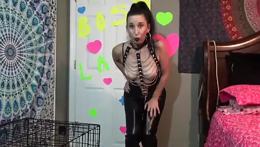 Solo mistress wearing latex shows her tits while talking dirty