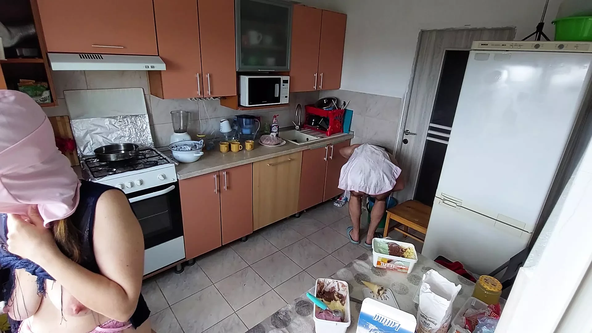 Hot amateur couple having fun in the kitchen. Sexy mom has breakfast in the bedroom, hairy, big, big ass