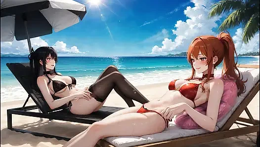 Готическая красотка AI встречается с рыжей красоткой - пляжный кроссовер (поедание ледяного попа)