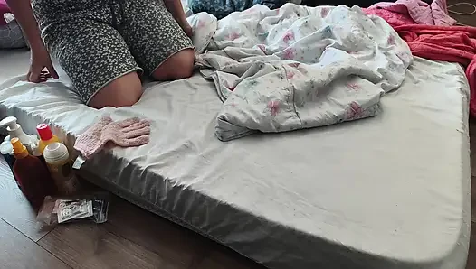 Foreplay in the bedroom with an amateur couple.