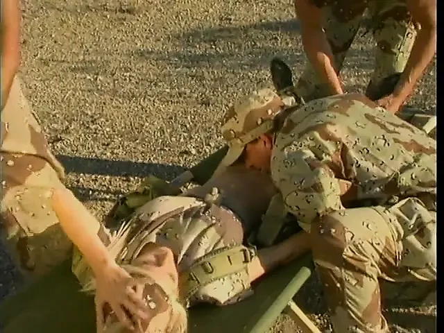 Blonde whore in military gear gets hardcore threesome with two soldier studs outdoors and indoors