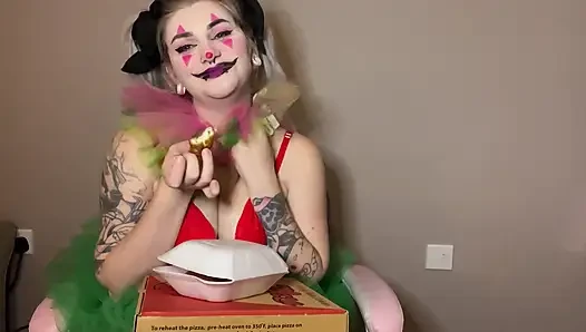 Trashy Clown Pigs Out on Takeaway Pizza