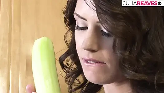 Brenda masturbates in the kitchen with huge toys and groceries, including her ass