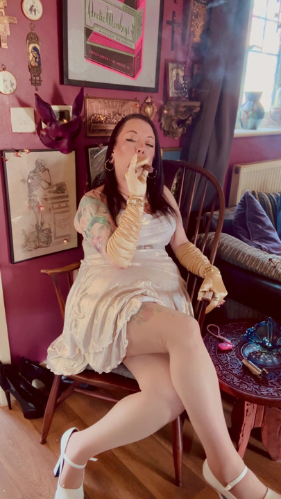 Cigar Smoking Tina Snua In Gold Satin Gloves & Rings - Smoker Smokes OME Drifting Smoke | Clip 1