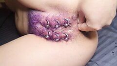 Purple Colored Hairy Pierced Pussy Get Anal Fisting Squirt