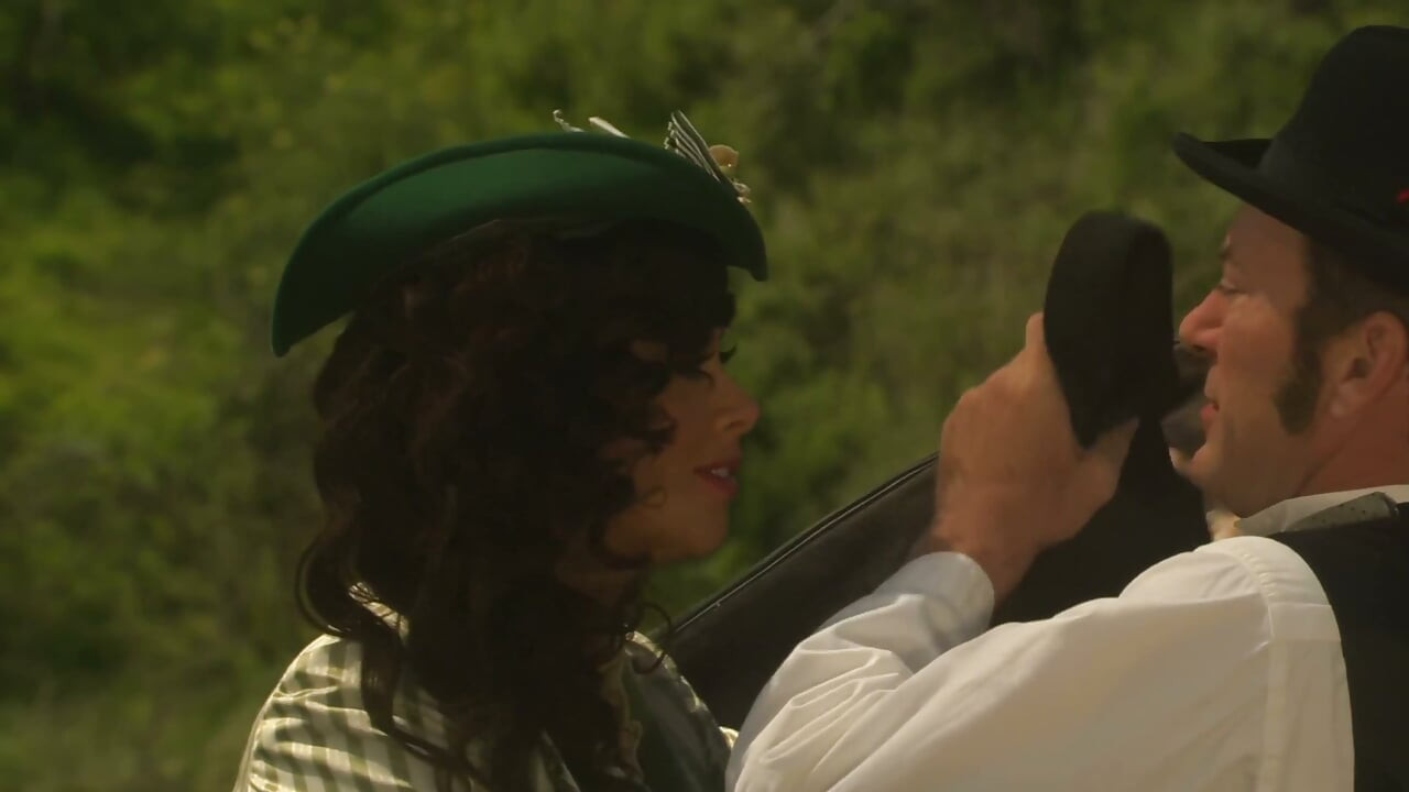 Carriage Sex in the Wild West - Curly Brunette in a Corset Rides Cock