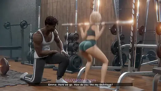 Verheiratete betrügende ehefrau im fitnessstudio mit muskulöser bbc-trainer (3D-animation)