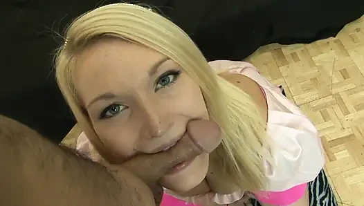 Blonde girl sucks a small dick then rides it to a pussy cumshot