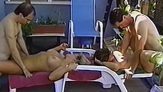 Vintage amateur orgy with two couples in the backyard