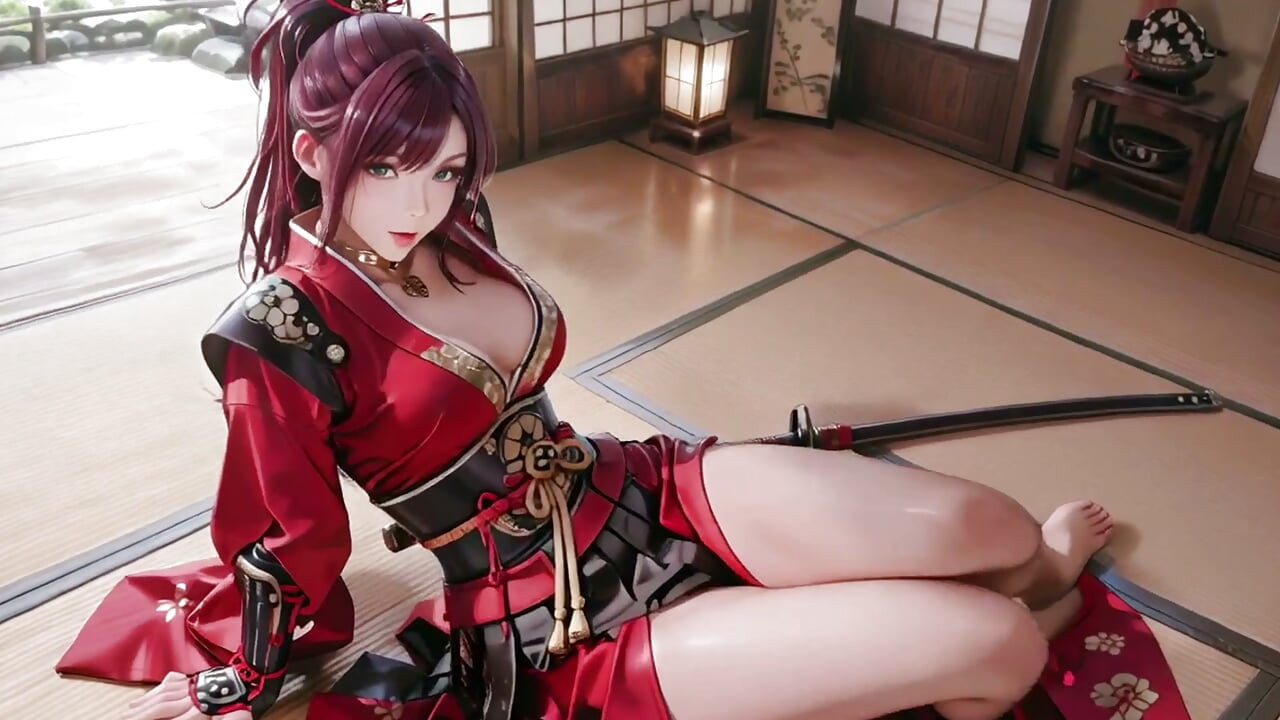 Samurai Carmesim! Guerreira ruiva ajoelhada ao sol, transitando da graça silenciosa para golpes explosivos de espada.