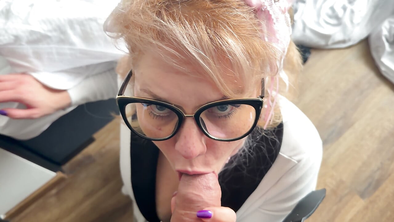 Manga Style Horny Wife in White Dress, Pink Ponytails and Glasses Suck my Cock in a Hotel Room