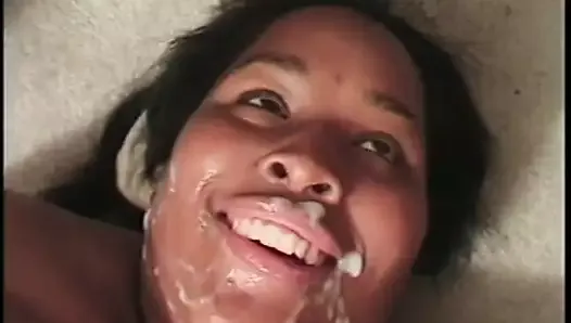 Ebony bbw gives a blowjob to a man, and her friend, too