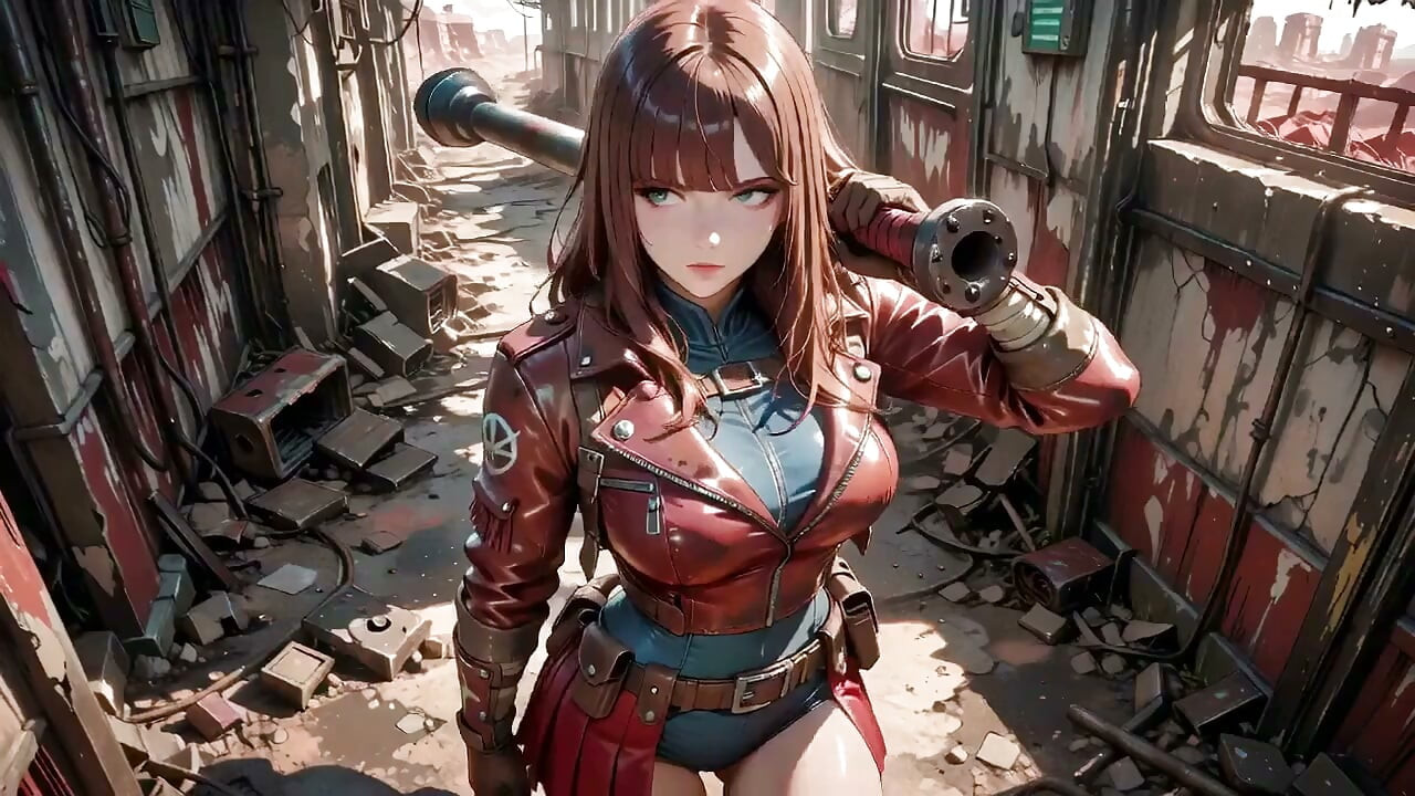 Tight Leather Suit Hugging Her Perfect Hips. She Lounges on the Broken Train Car, Hand Stroking Armor, Eyes Hazy yet Fierce.