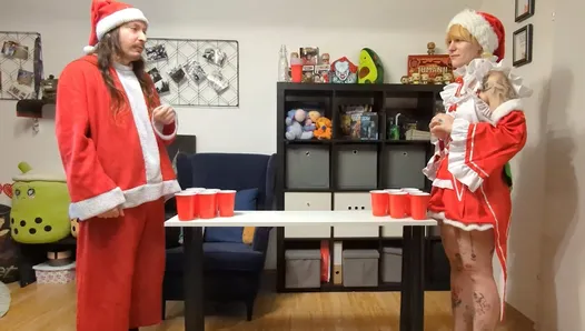A Christmas strip pong game with a deep blowjob for the winner
