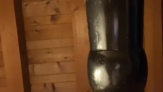 Grandpa fucks himself with his black BDSM dildo