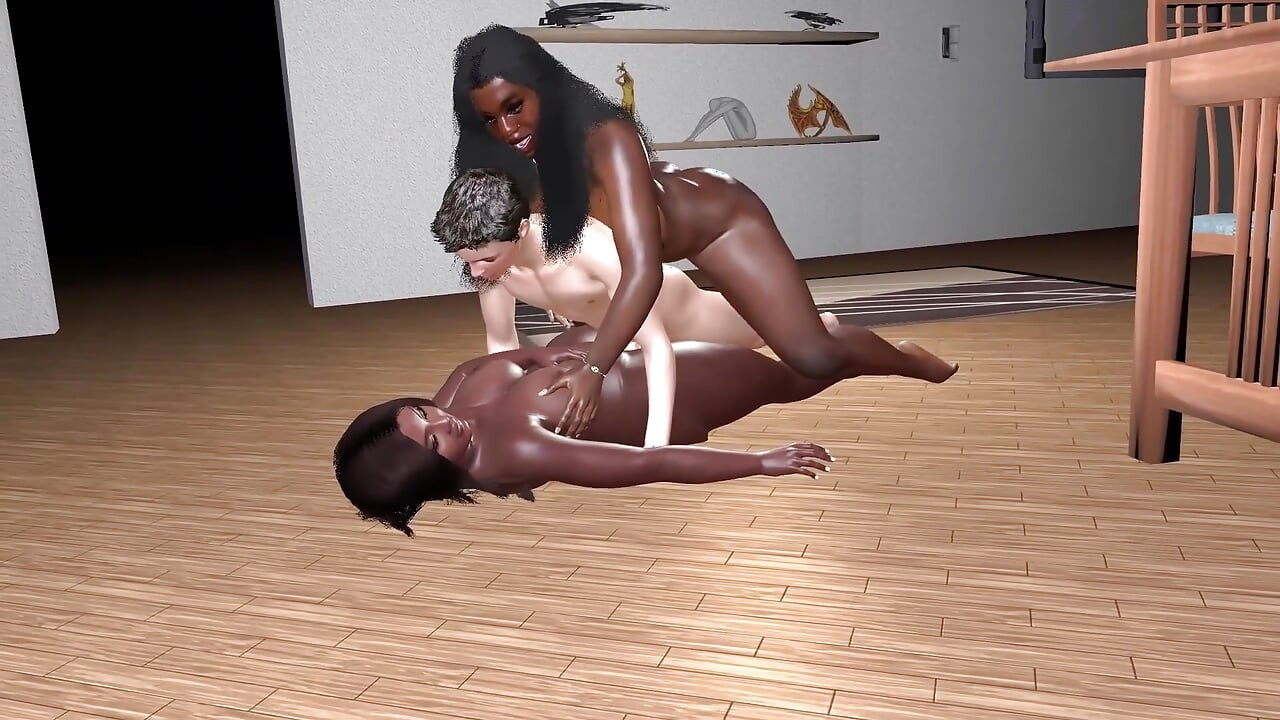 Two Ebony MILF Goddesses Sandwich Fucking with a Little White Cock
