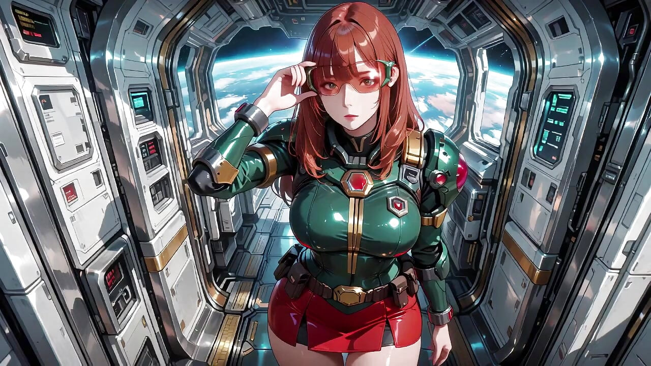 Inside the Sci-Fi Train, she wears a tight green armor, touching her red lips while gazing at the galaxy through the porthole.