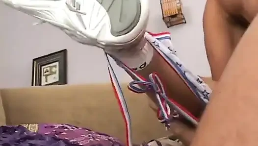 Horny dude fingers hot cheerleader's cunt while she blows him