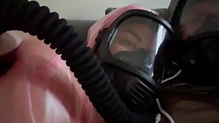 Gasmask breathing in plastic suits