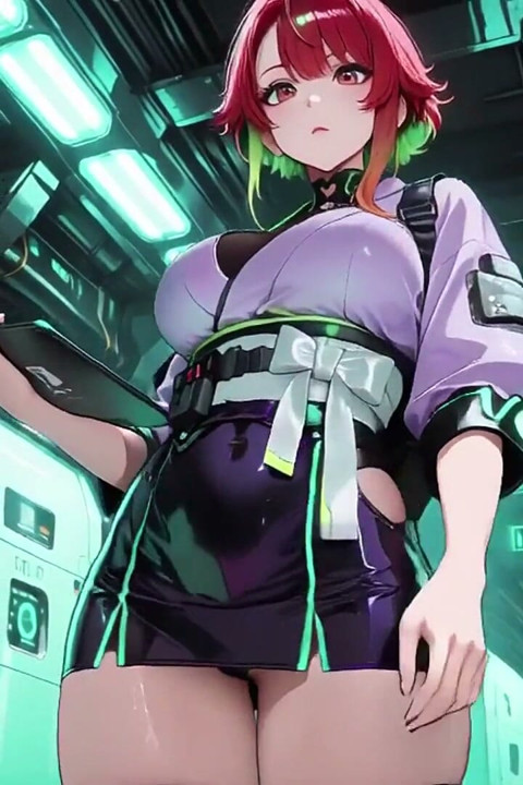 Ai-purple Kimono Seduction in the Neon Train Car, Fingertips Touching Collar, a Gaze That Drenches You!