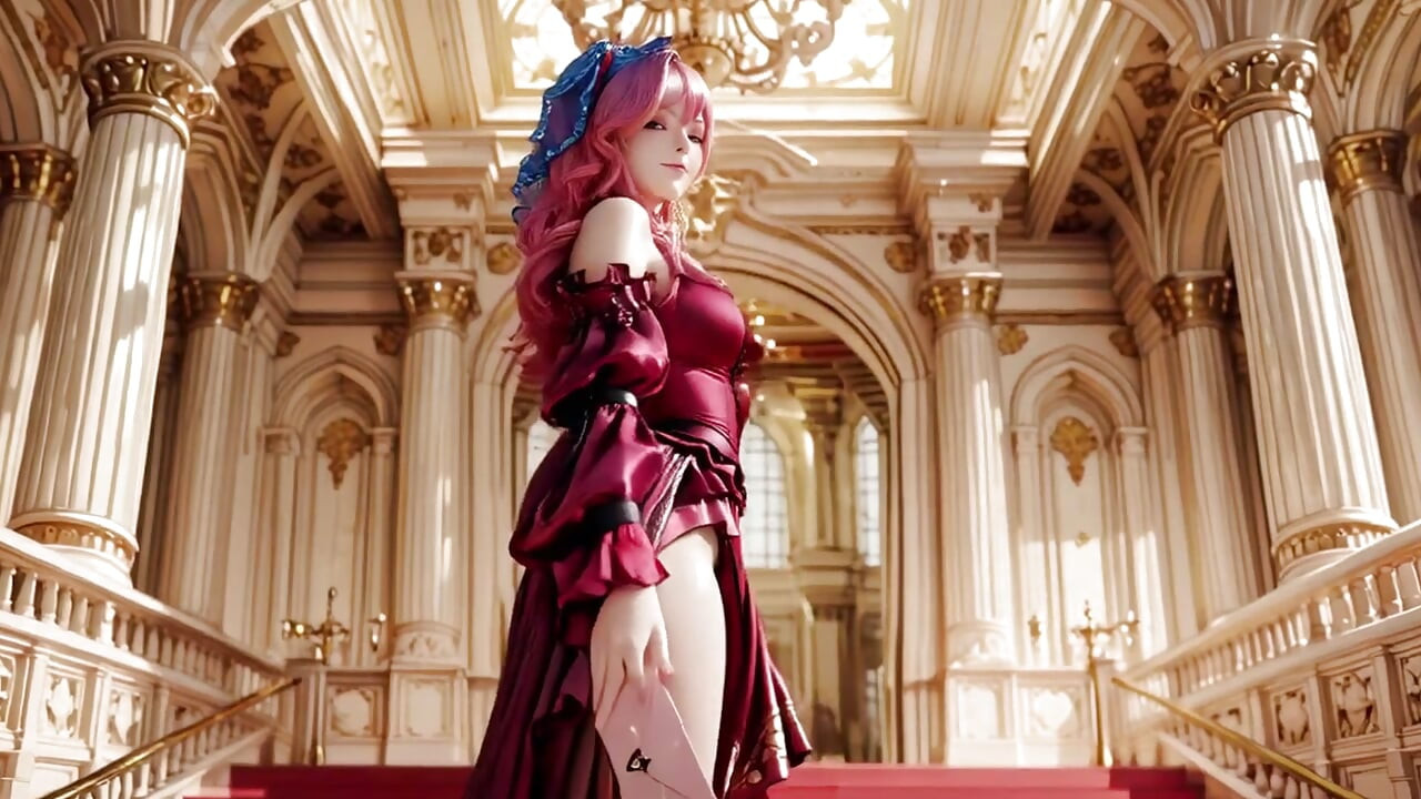 The Pink Queen's Coronation! Deep red silk, golden goblet, and a lazy gaze from the throne. Pure fantasy.