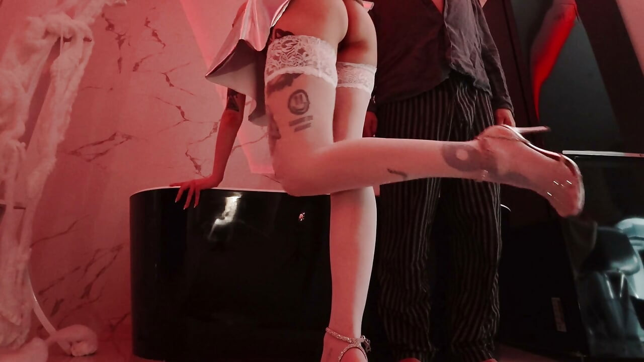 Halloween slut on high heels and raver festival style mini skirt gives balls massage with slow edging handjob for precum