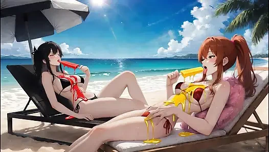 Pertemuan cewek gotik ai si cewek cantik rambut merah - crossover pantai (makan es es)