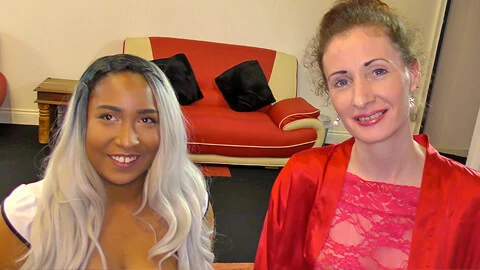 Nervous mid 40s woman‘s first bukkake with younger black lady