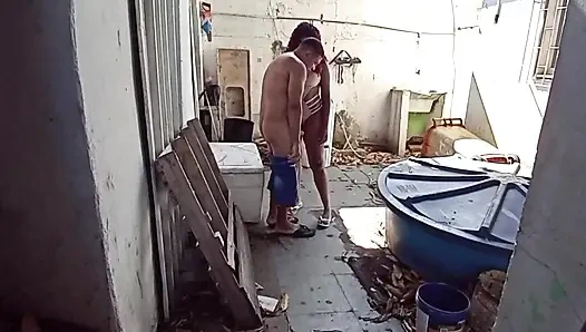 Putting it hot on the cleaning lady in the backyard