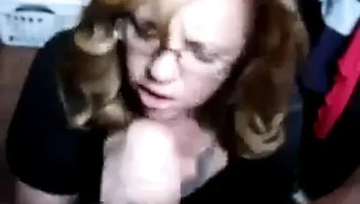 Blonde MILF with glasses doing POV blowjob