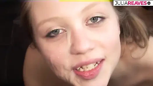 Blonde girl sucks a huge cock then gets fucked to a cumshot