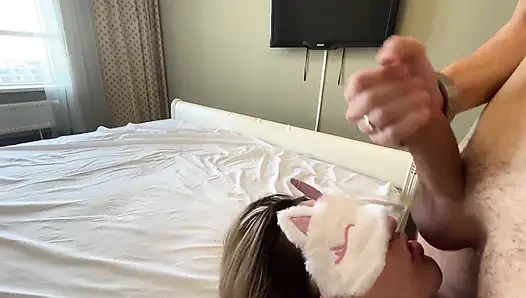 Fucks young blonde in stockings without taking off her dress in the hotel