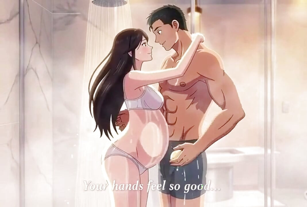 Marido sexual en la ducha ayudando a lavar el cuerpo embarazado de Ayesha
